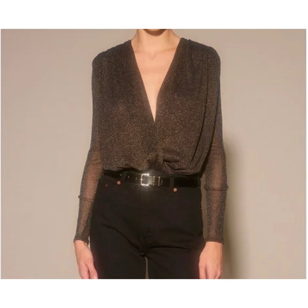NWT‎ Abercrombie & Fitch Metallic V-Neck Wrap Bodysuit XS Semi Sheer Black/Gold